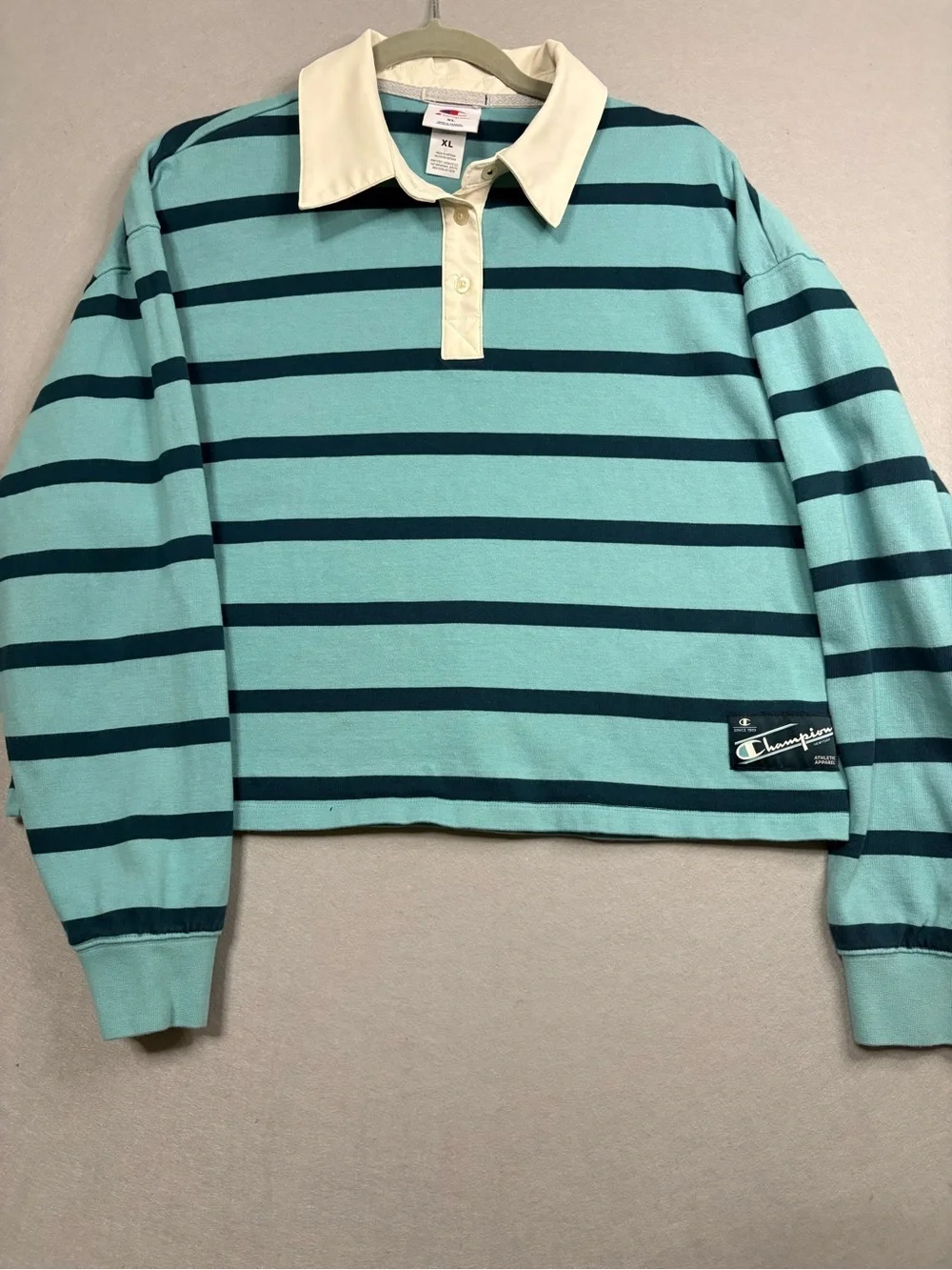 Champion Cropped Striped Rugby Top in Teal & Navy 100% cotton sz XL